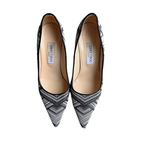Jimmy Choo -Abel Black & White Woven Print Pointed Toe Stiletto Heels Sz 39.5 - Picture 2 of 10